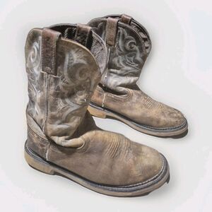 Justin Stampede Mens Work Boots Sz 9.5D Steel Toe WK4311 Western Leather Brown